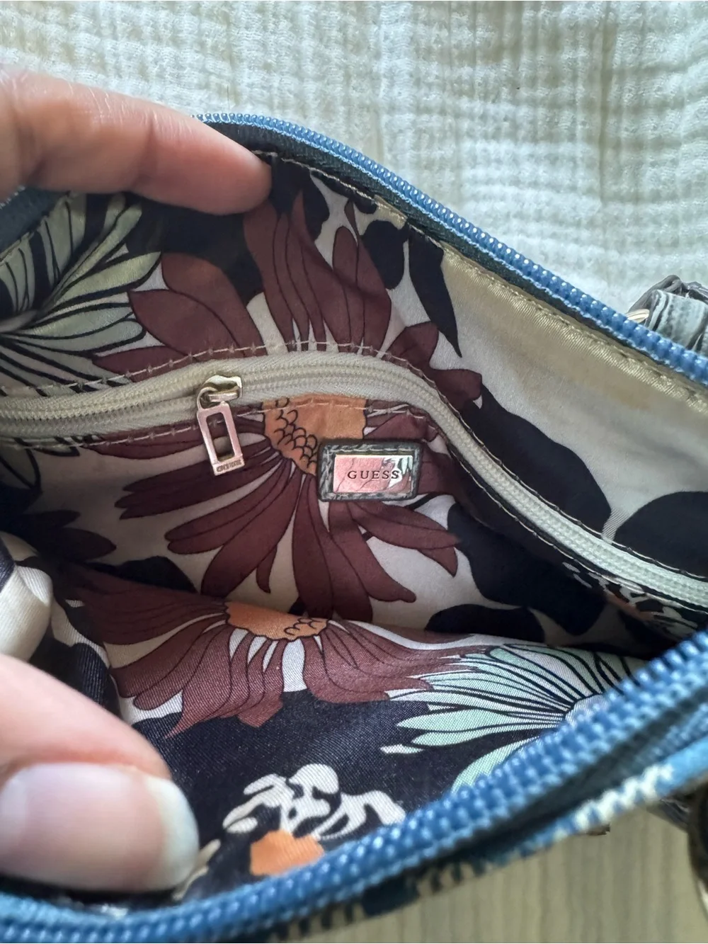 Vintage Y2K Guess Blue Jacquard Logo Satchel with Silver-Tone Hardware